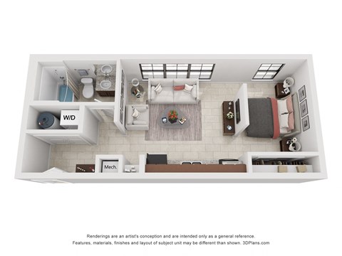 a stylized floor plan with a bedroom and living room